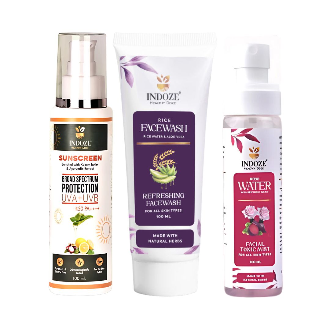 Indoze : Perfect Skin Combo ( Rice Facewash + Pure Rose Water + Sunscreen )