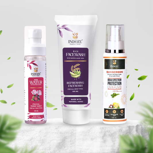 Indoze : Perfect Skin Combo ( Rice Facewash + Pure Rose Water + Sunscreen )